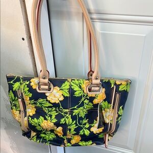Tignanello Blue and Yellow Floral Tote Bag with Leather Straps